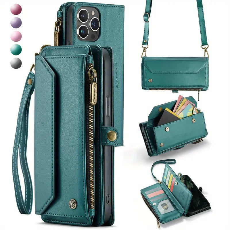 Premium Leather Wallet Phone Case with Wireless Charging & RFID Blocking, Crossbody Phone Cover with Card Holder, Flip Folio Design for iPhone/Xiaomi/Samsung Galaxy