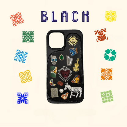 iPhone Phone Case Handmade Decoden Mexican Talavera Mosaic Vintage Jewelry Trinket Milagritos Stone Beige White Black Cover