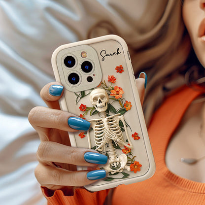 Personalized Name Skeleton with Orange Flowers Phone Case, iPhone, Pixel, Samsung