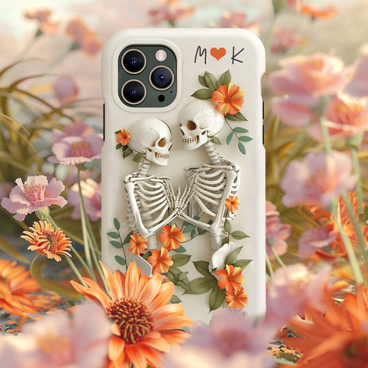 Personalized Initials Couple Skeletons with Orange Floral Design Phone Case, iPhone, Pixel, Samsung