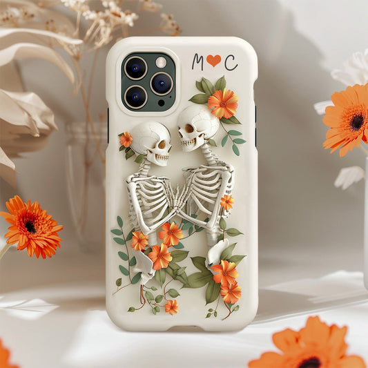 Personalized Initials Couple Skeletons with Orange Floral Design Phone Case, iPhone, Pixel, Samsung