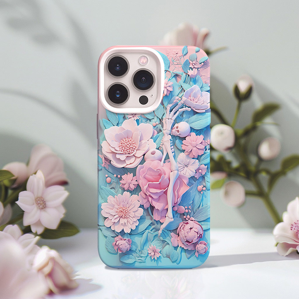 3D Pastel Skeleton with Pink Flowers Phone Case, Stylish Printed Cover,iPhone, Pixel, Samsung