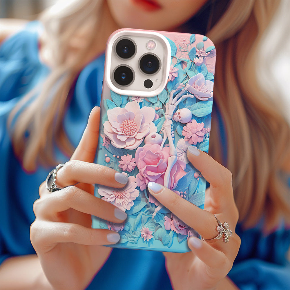 3D Pastel Skeleton with Pink Flowers Phone Case, Stylish Printed Cover,iPhone, Pixel, Samsung