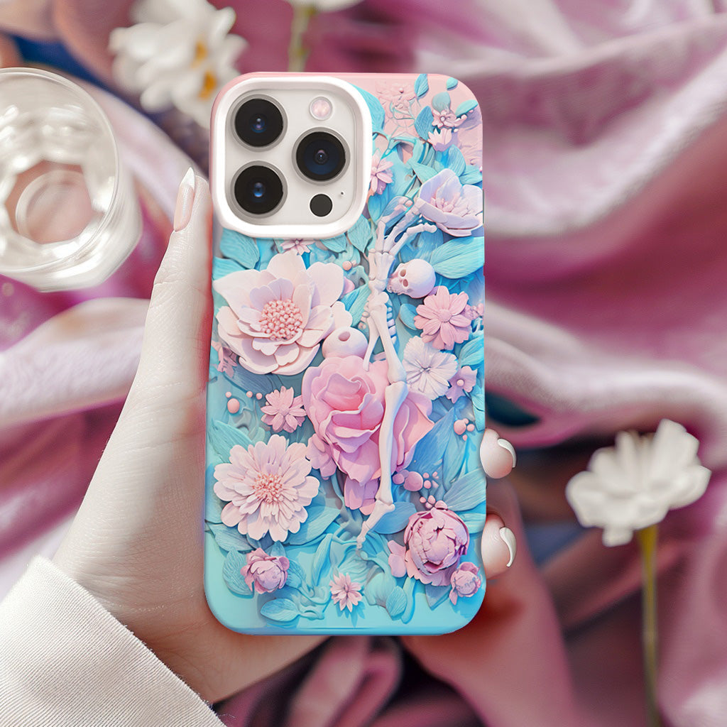 3D Pastel Skeleton with Pink Flowers Phone Case, Stylish Printed Cover,iPhone, Pixel, Samsung