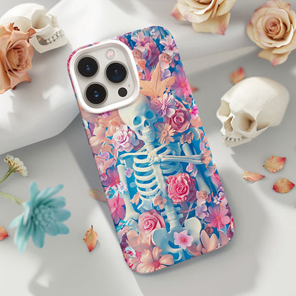 Pastel Skeleton with Pink Flowers Phone Case, Artistic Cover,iPhone, Pixel, Samsung
