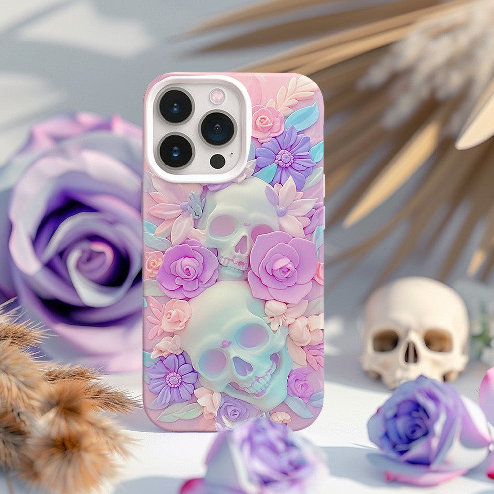 3D Pink Floral Skull Phone Case, Artistic Skeleton Design, for iPhone, Google Pixel, Samsung