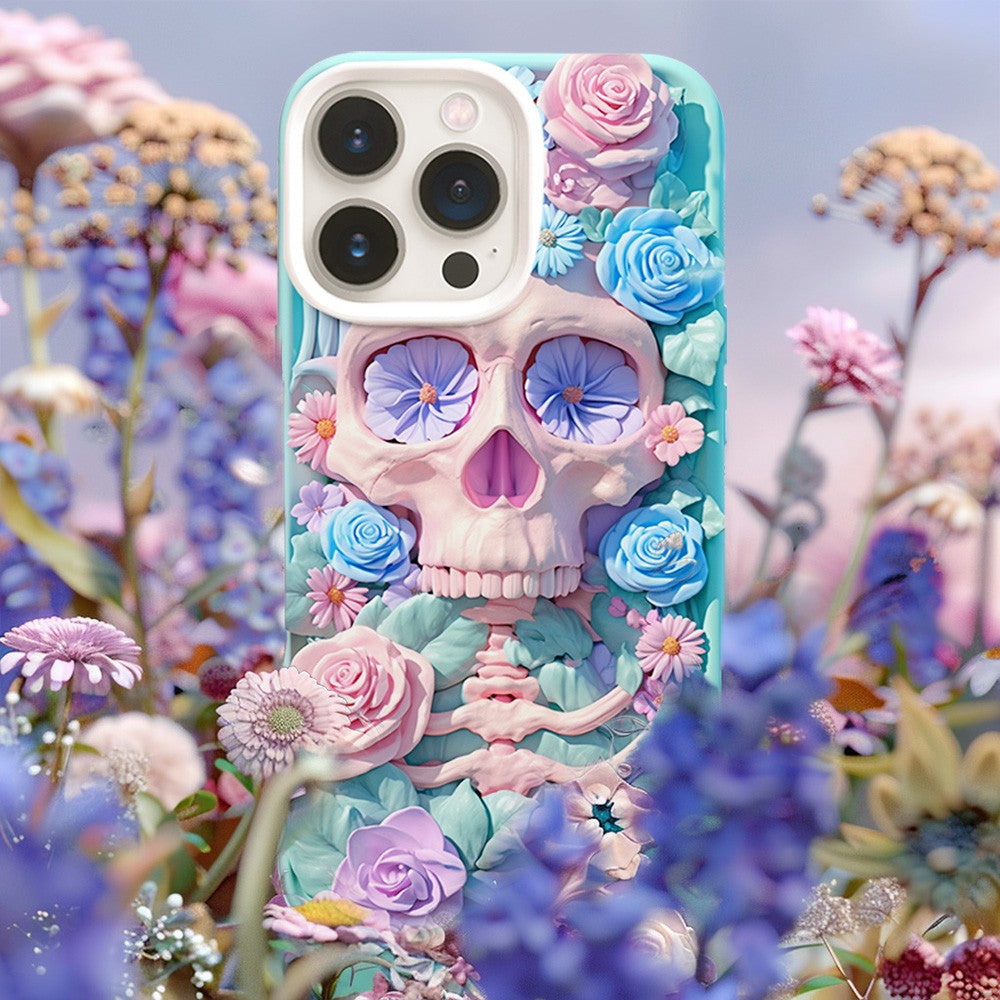 3D Purple Floral Skull Design Phone Case, for iPhone, Google Pixel, Samsung Galaxy