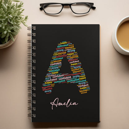 Custom Notebook with Positive Affirmation Word Cloud Design, Personalized Name Journal