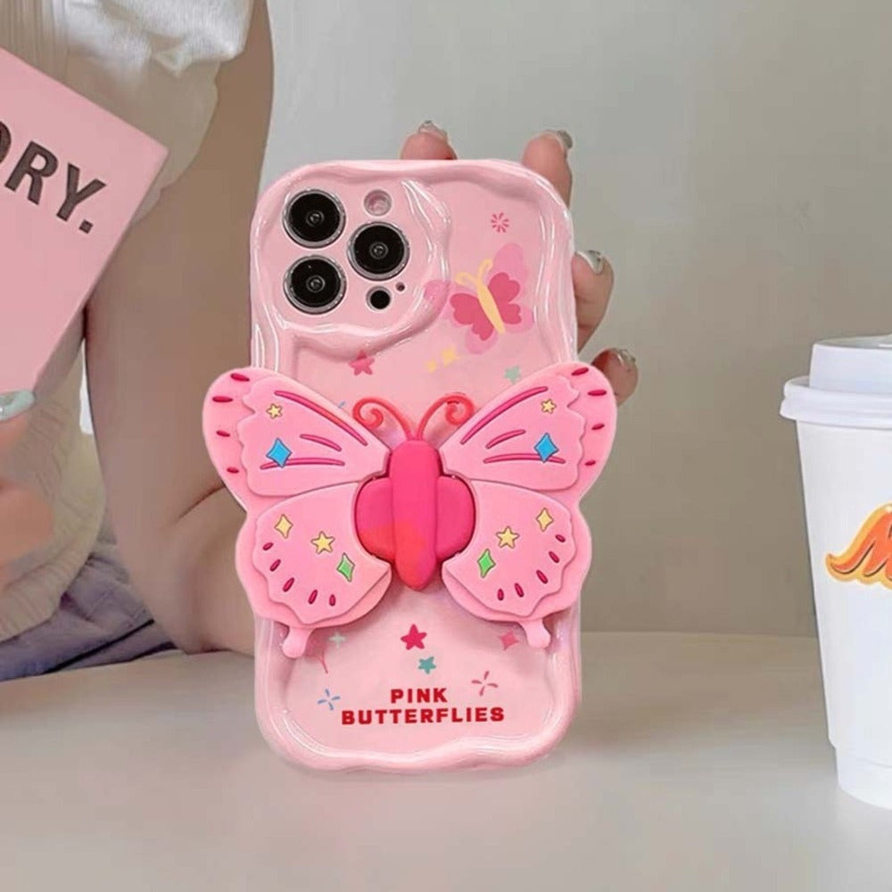 3D Pink Butterfly Stand Soft Silicone iPhone Case