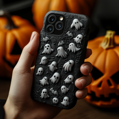 3D Ghost and Pumpkin Halloween Phone Case,Spooky Season Black Design, Multiple Styles for iPhone, Samsung Galaxy