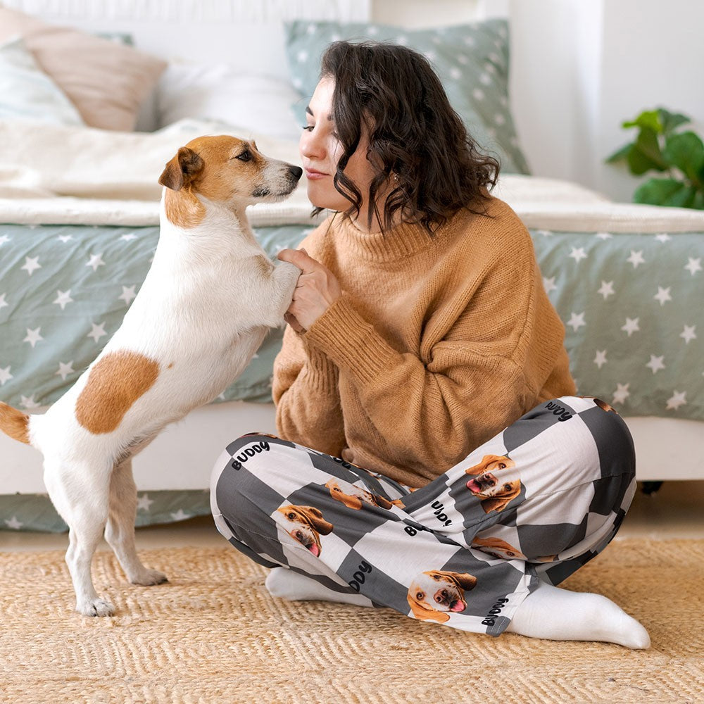 Custom Name Pet Portrait Pajama Pants, Personalized Dog Cat Face Photos Sleepwear Bottoms, Funny Lounge Pants with Drawstring, Gift for Pet Mom/Dad
