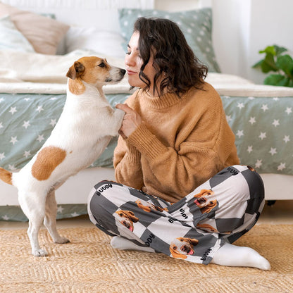 Custom Name Pet Portrait Pajama Pants, Personalized Dog Cat Face Photos Sleepwear Bottoms, Funny Lounge Pants with Drawstring, Gift for Pet Mom/Dad