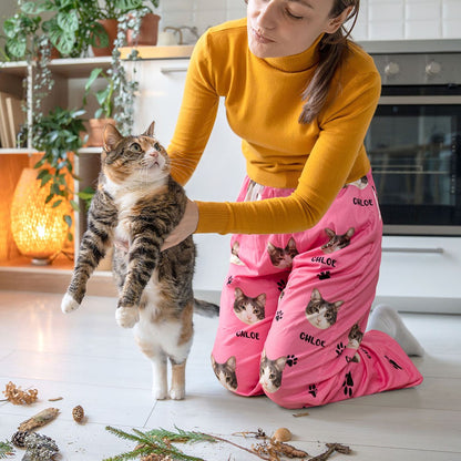 Custom Name Pet Portrait Pajama Pants, Personalized Dog Cat Face Photos Sleepwear Bottoms, Funny Lounge Pants with Drawstring, Gift for Pet Mom/Dad