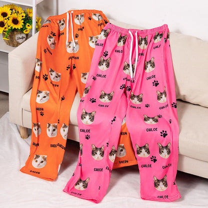 Custom Name Pet Portrait Pajama Pants, Personalized Dog Cat Face Photos Sleepwear Bottoms, Funny Lounge Pants with Drawstring, Gift for Pet Mom/Dad