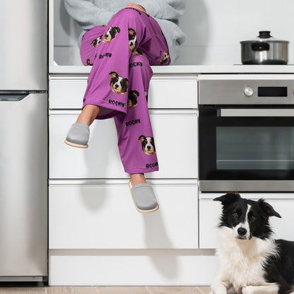 Custom Name Pet Portrait Pajama Pants, Personalized Dog Cat Face Photos Sleepwear Bottoms, Funny Lounge Pants with Drawstring, Gift for Pet Mom/Dad