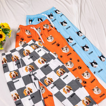Custom Name Pet Portrait Pajama Pants, Personalized Dog Cat Face Photos Sleepwear Bottoms, Funny Lounge Pants with Drawstring, Gift for Pet Mom/Dad