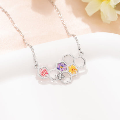 Custom Birth Month Flower Necklace, Brass/Sterling Silver 925 Honeycomb Pendant, Flower Necklace for Her