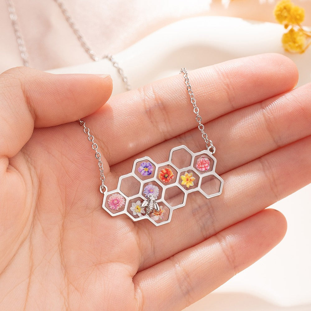Custom Birth Month Flower Necklace, Brass/Sterling Silver 925 Honeycomb Pendant, Flower Necklace for Her