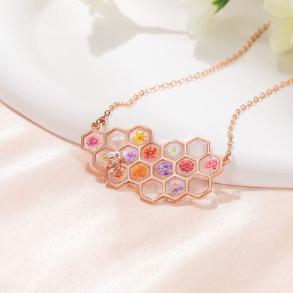 Custom Birth Month Flower Necklace, Brass/Sterling Silver 925 Honeycomb Pendant, Flower Necklace for Her