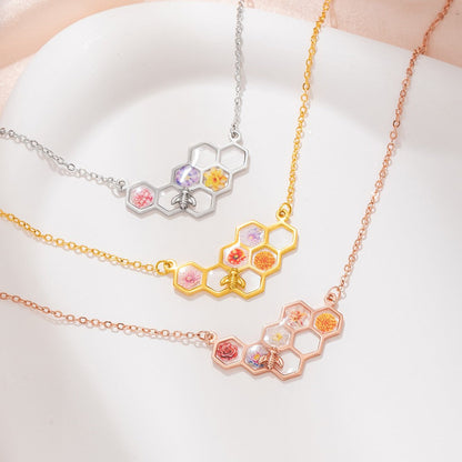 Custom Birth Month Flower Necklace, Brass/Sterling Silver 925 Honeycomb Pendant, Flower Necklace for Her