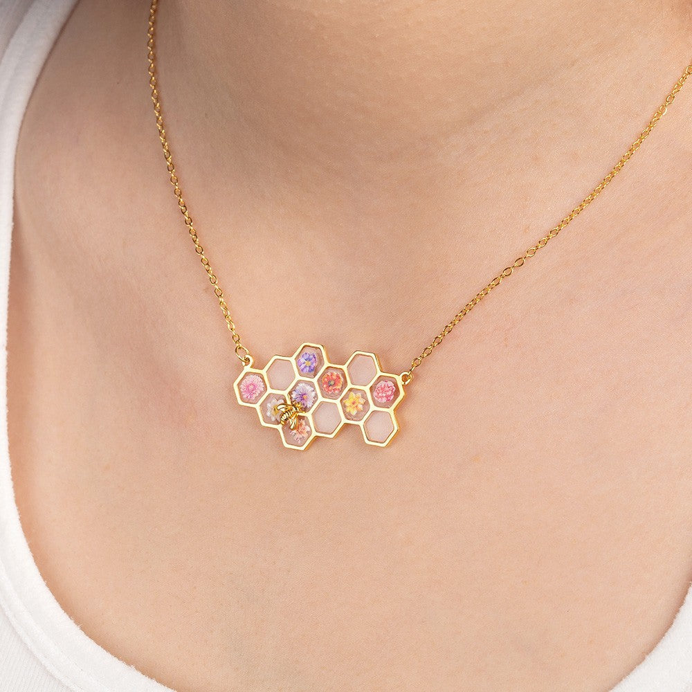 Custom Birth Month Flower Necklace, Brass/Sterling Silver 925 Honeycomb Pendant, Flower Necklace for Her