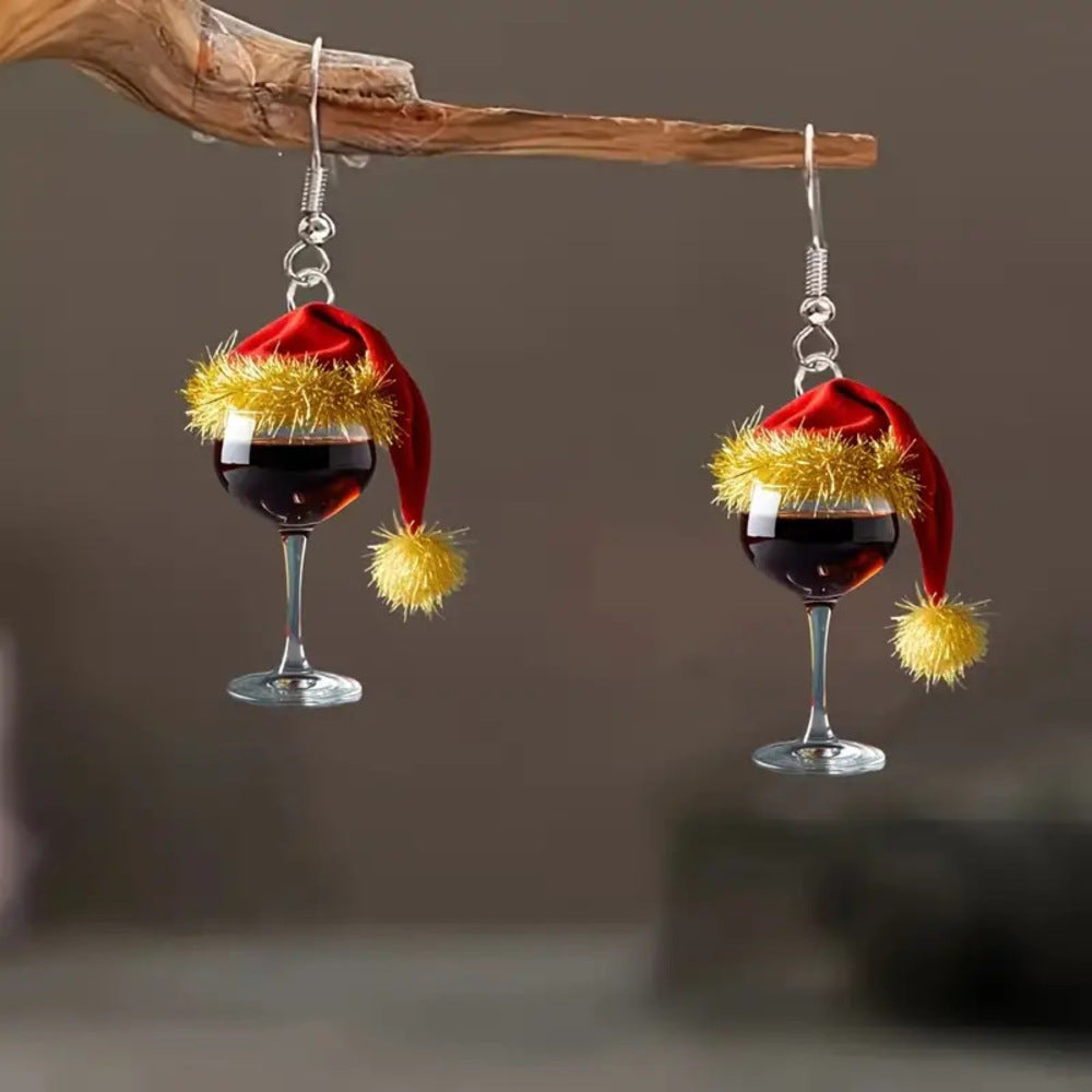 Christmas Wine Glass Earrings, Festive Acrylic Earrings with Santa Hat Design for Holiday Cheer