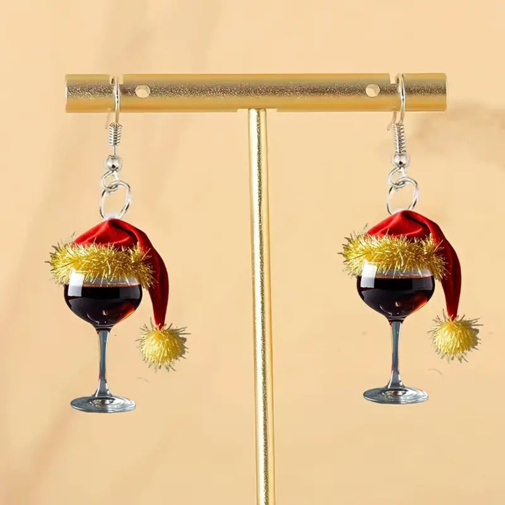Christmas Wine Glass Earrings, Festive Acrylic Earrings with Santa Hat Design for Holiday Cheer
