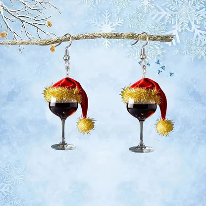 Christmas Wine Glass Earrings, Festive Acrylic Earrings with Santa Hat Design for Holiday Cheer