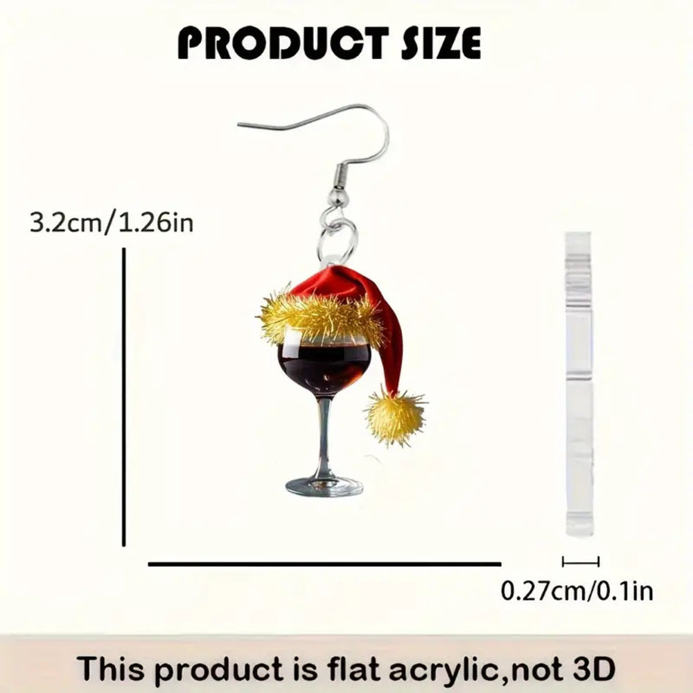 Christmas Wine Glass Earrings, Festive Acrylic Earrings with Santa Hat Design for Holiday Cheer