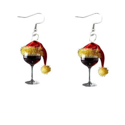 Christmas Wine Glass Earrings, Festive Acrylic Earrings with Santa Hat Design for Holiday Cheer