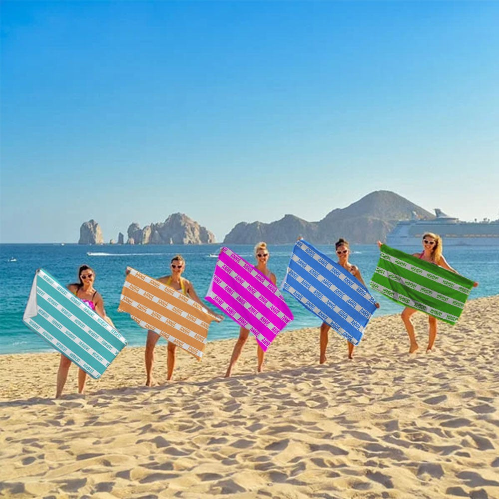 Custom Name Classic Stripe Beach Towel, Quick Dry Microfiber Bath Towel, Vacation/Sunbathing/Beach/Spa/Pool Party Favor, Gift for Kids/Family/Friends