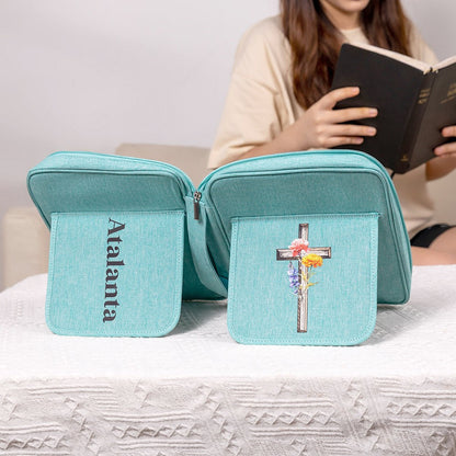 Personalized Birth Flower Cross Bible Cover, Custom Name Bible Protective Cover with Pen Slot & Zipper Bag, Church Bag, Christmas Gift for Christian