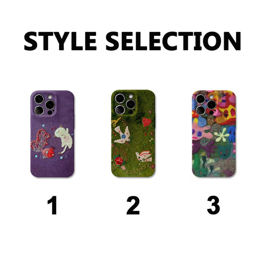 Playful Embroidered Phone Case Collection for Samsung and IPhone, Cute Cat, Birds, and Floral Fun