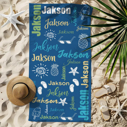 Custom Name Doodle Summer Beach Towel, Quick Dry Microfiber Bath Towel, Vacation/Beach/Pool Party Favor, Travel Essential, Gift for Kid/Family/Friend