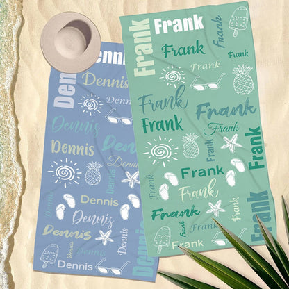 Custom Name Doodle Summer Beach Towel, Quick Dry Microfiber Bath Towel, Vacation/Beach/Pool Party Favor, Travel Essential, Gift for Kid/Family/Friend