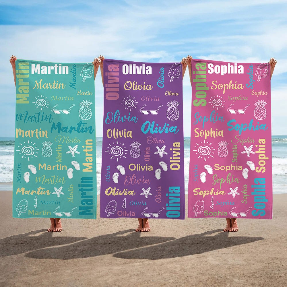 Custom Name Doodle Summer Beach Towel, Quick Dry Microfiber Bath Towel, Vacation/Beach/Pool Party Favor, Travel Essential, Gift for Kid/Family/Friend