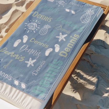 Custom Name Doodle Summer Beach Towel, Quick Dry Microfiber Bath Towel, Vacation/Beach/Pool Party Favor, Travel Essential, Gift for Kid/Family/Friend