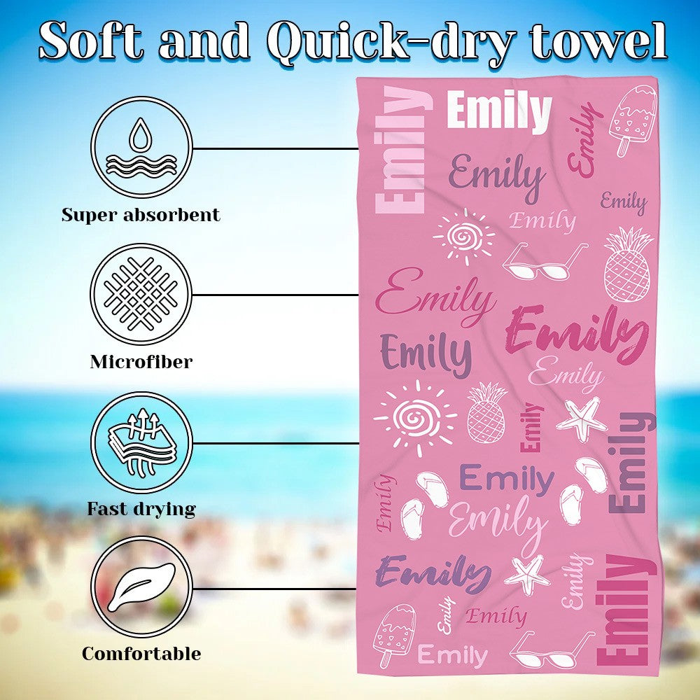 Custom Name Doodle Summer Beach Towel, Quick Dry Microfiber Bath Towel, Vacation/Beach/Pool Party Favor, Travel Essential, Gift for Kid/Family/Friend