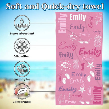 Custom Name Doodle Summer Beach Towel, Quick Dry Microfiber Bath Towel, Vacation/Beach/Pool Party Favor, Travel Essential, Gift for Kid/Family/Friend