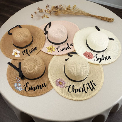 Personalized Name Birth Flower Floppy Sun Hat, Custom Straw Beach Hat for Honeymoon, Bachelorette Party Favor, Gift for Women/Girls/Bridesmaids
