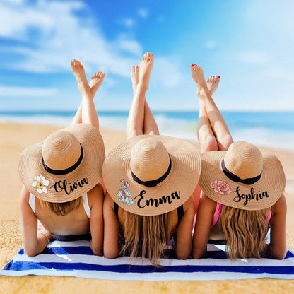 Personalized Name Birth Flower Floppy Sun Hat, Custom Straw Beach Hat for Honeymoon, Bachelorette Party Favor, Gift for Women/Girls/Bridesmaids