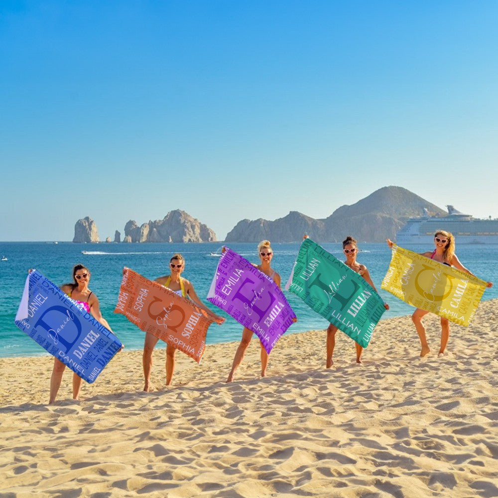 Custom Initial & Name Beach Towel, Quick Dry Microfiber Bath Towel, Vacation/Beach/Pool Party Favor, Travel Essential, Gift for Family/Kids/Friends