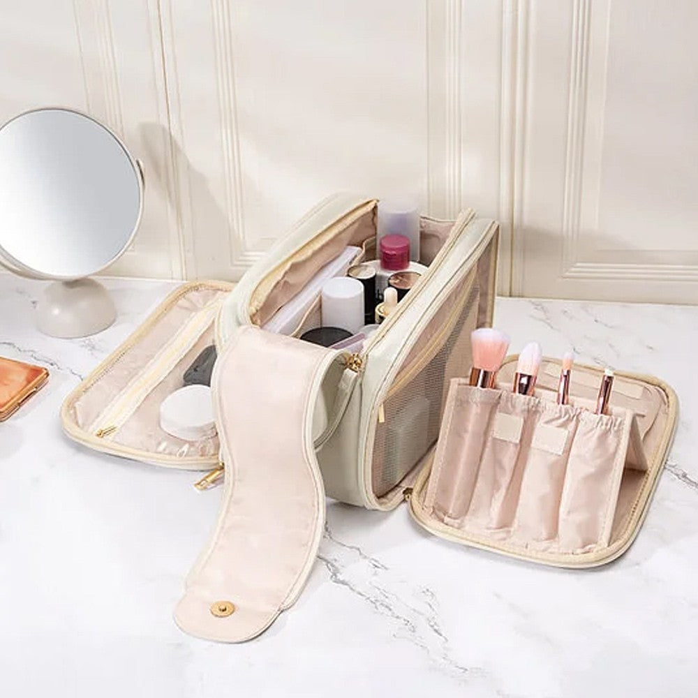 Custom Names & Birth Flowers Grandma's Garden Leather Toiletry Bag, Large Capacity Double Layer Multi-Compartment Makeup Bag, Gift for Mom/Grandma