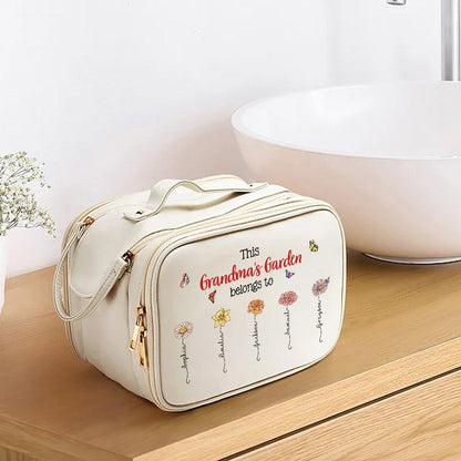Custom Names & Birth Flowers Grandma's Garden Leather Toiletry Bag, Large Capacity Double Layer Multi-Compartment Makeup Bag, Gift for Mom/Grandma