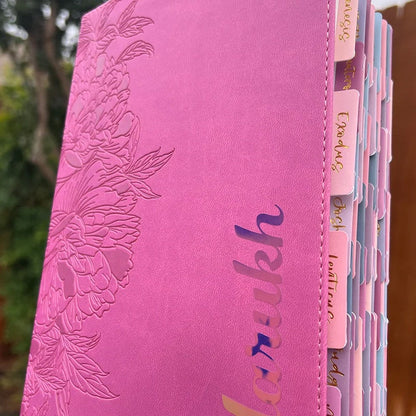 Pink NLT Personal Size Giant Print Holy Bible with Ombre Tabs,Red Letter, Leather Touch with personalized Name
