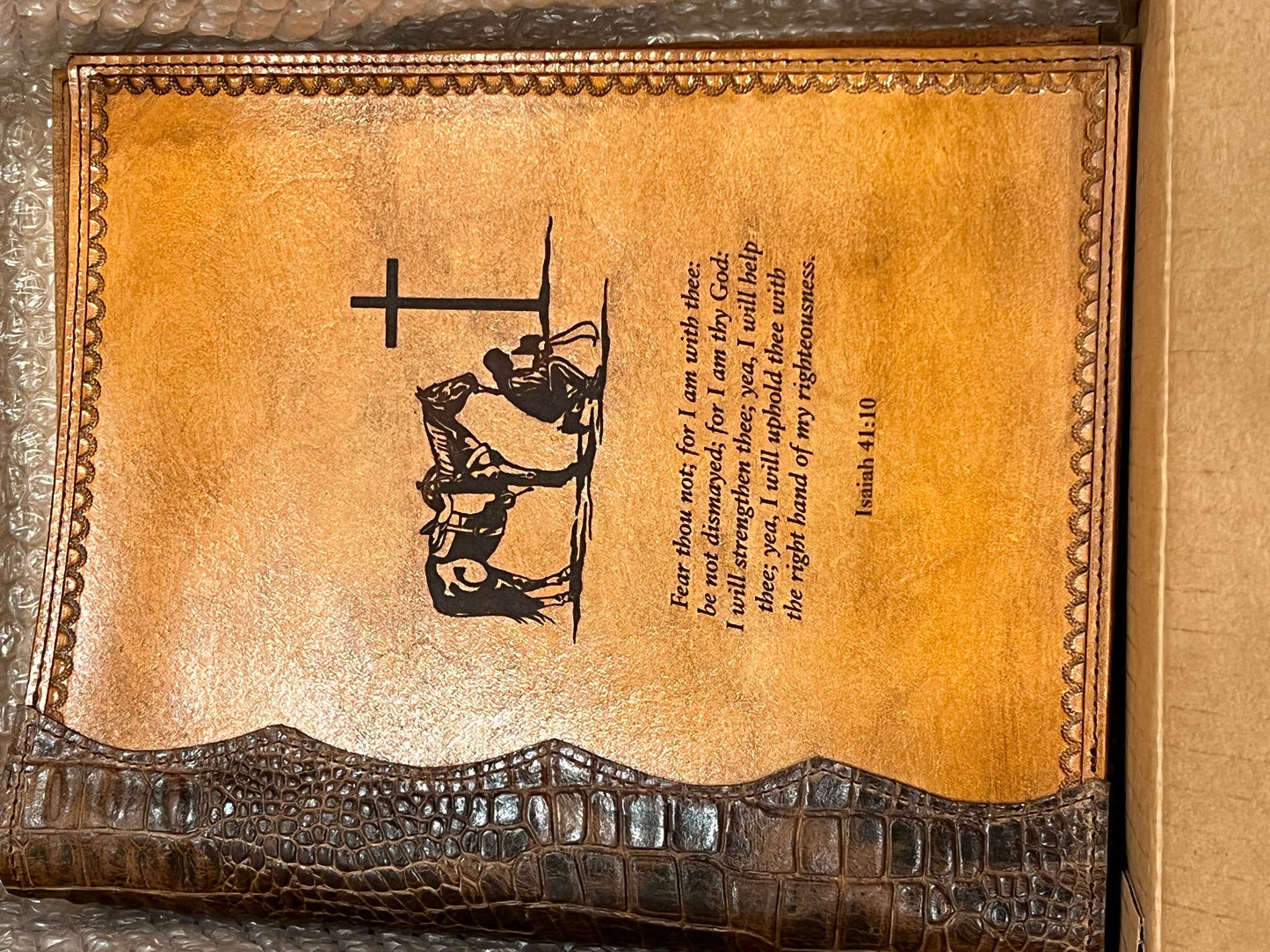 Handcrafted Laser Engraved Praying Cowboy All Leather Bible Cover With Alligator Embossed Bind