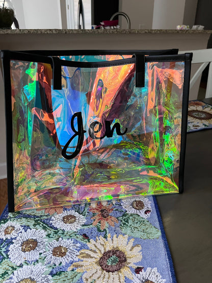 Custom Name Holographic Beach Bag, Waterproof Large Capacity Travel Bag Tote Bag, Bachelorette Party Favors, Christmas/Birthday/Wedding Gift for Her
