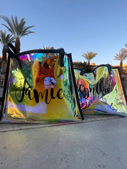 Custom Name Holographic Beach Bag, Waterproof Large Capacity Travel Bag Tote Bag, Bachelorette Party Favors, Christmas/Birthday/Wedding Gift for Her