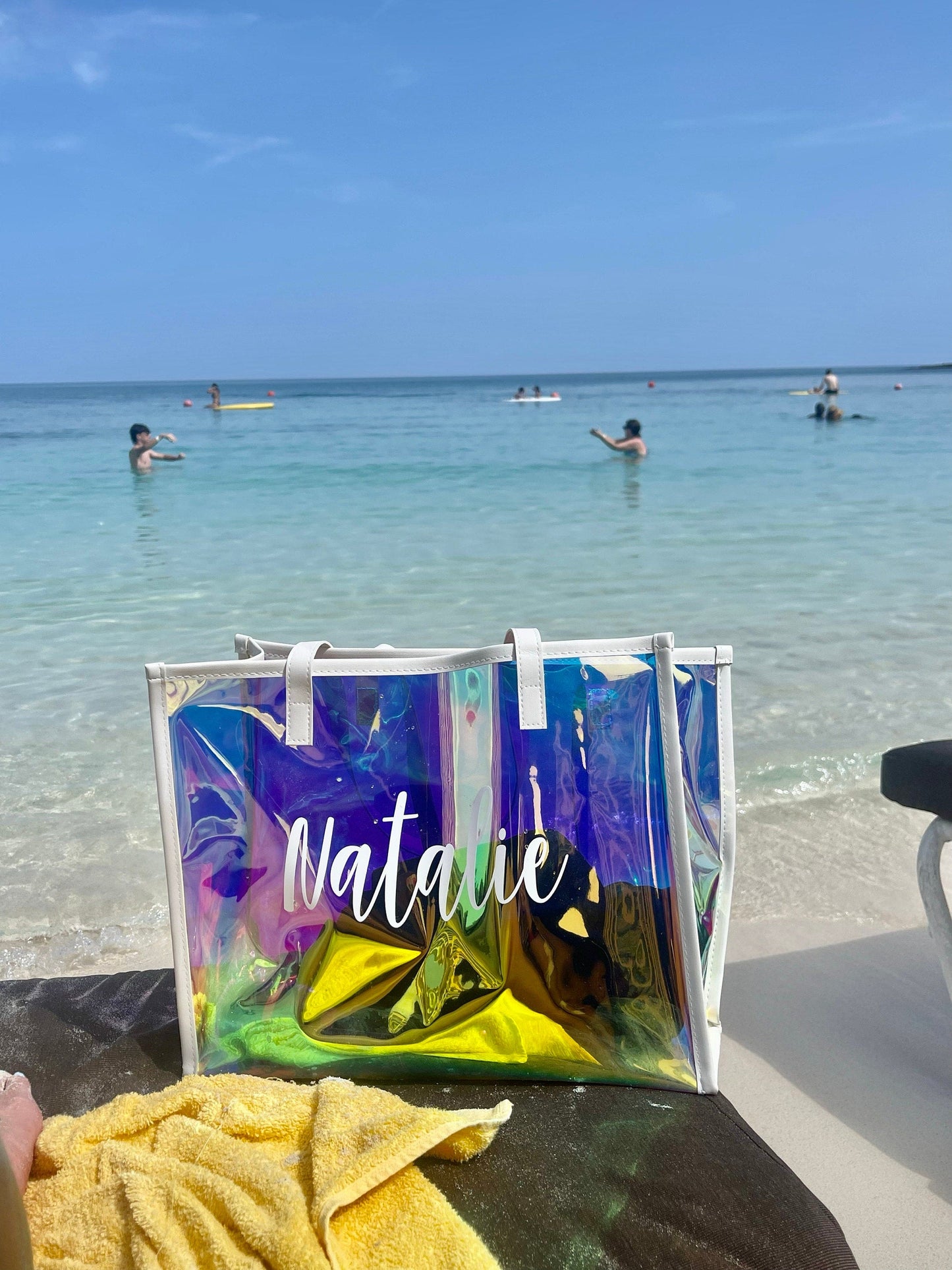 Custom Name Holographic Beach Bag, Waterproof Large Capacity Travel Bag Tote Bag, Bachelorette Party Favors, Christmas/Birthday/Wedding Gift for Her