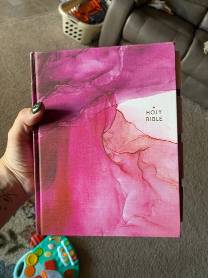 Gorgeous NIV Pink Marble Bible with TABS, Cloth over Board, Art Gilded Edges, Red Letter, Comfort Print